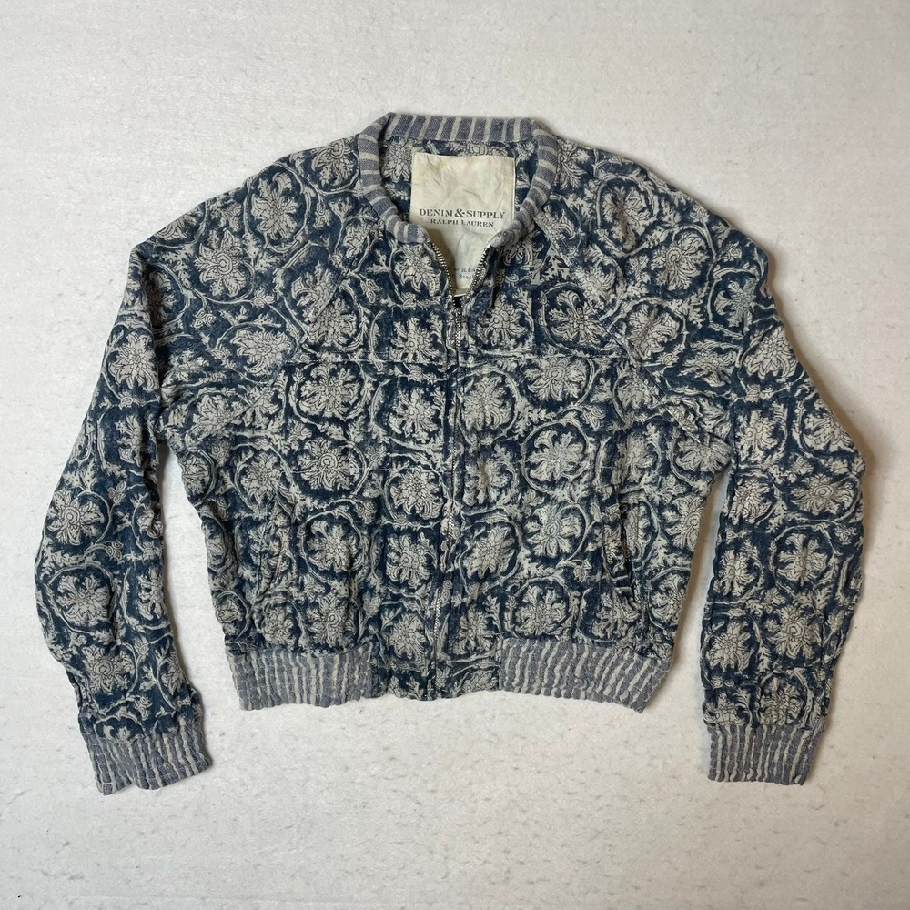 Denim & Supply Ralph Lauren Floral Bomber Jacket Full Zip Blue Small Cropped Y2K